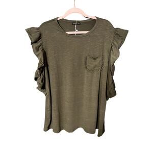 NWT Miholl Ruffle Sleeves Green Print Pocket Top Feminine Girly Boho Size XXL
